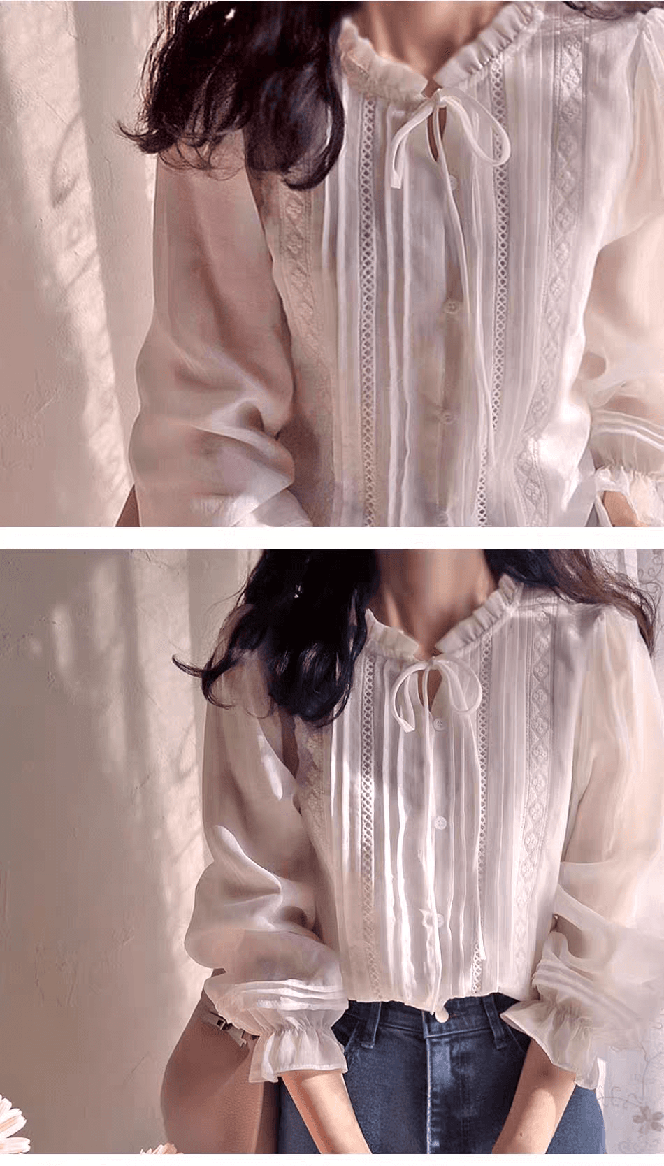 선물 화물 순수한 홀로우 아웃 꽃 Pleat 측면 레이스업 꽃밭 소매 셔츠 상세 이미지 3