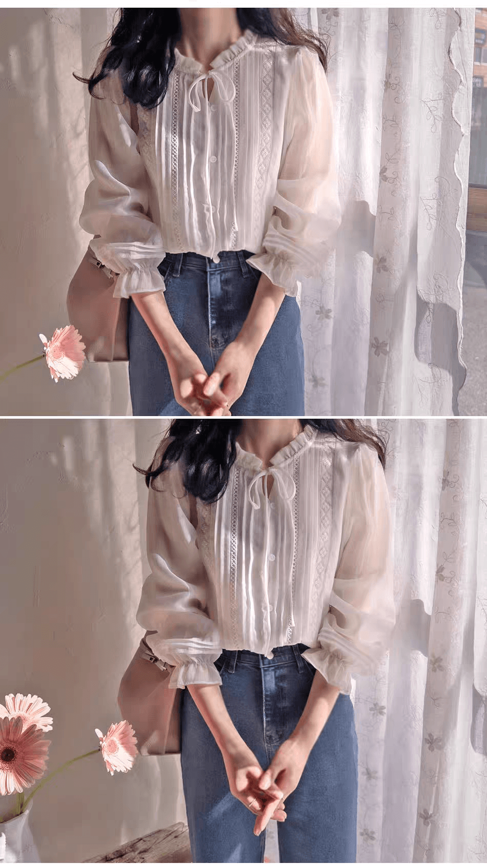 선물 화물 순수한 홀로우 아웃 꽃 Pleat 측면 레이스업 꽃밭 소매 셔츠 상세 이미지 4