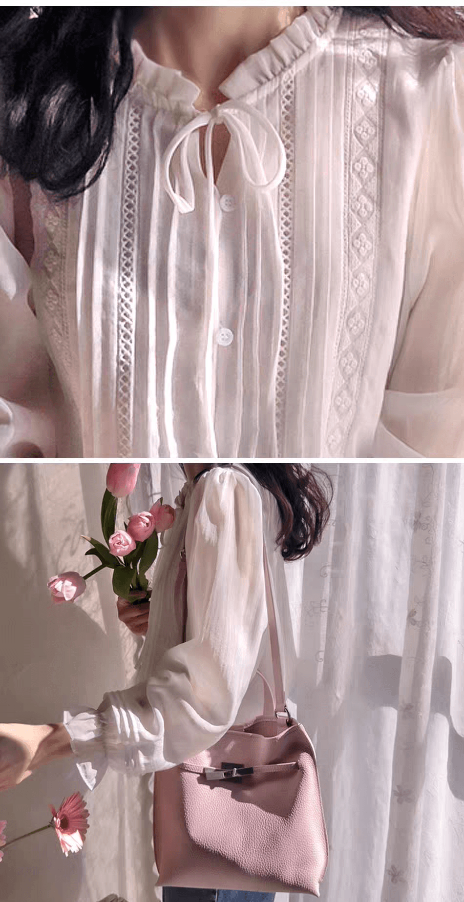선물 화물 순수한 홀로우 아웃 꽃 Pleat 측면 레이스업 꽃밭 소매 셔츠 상세 이미지 6