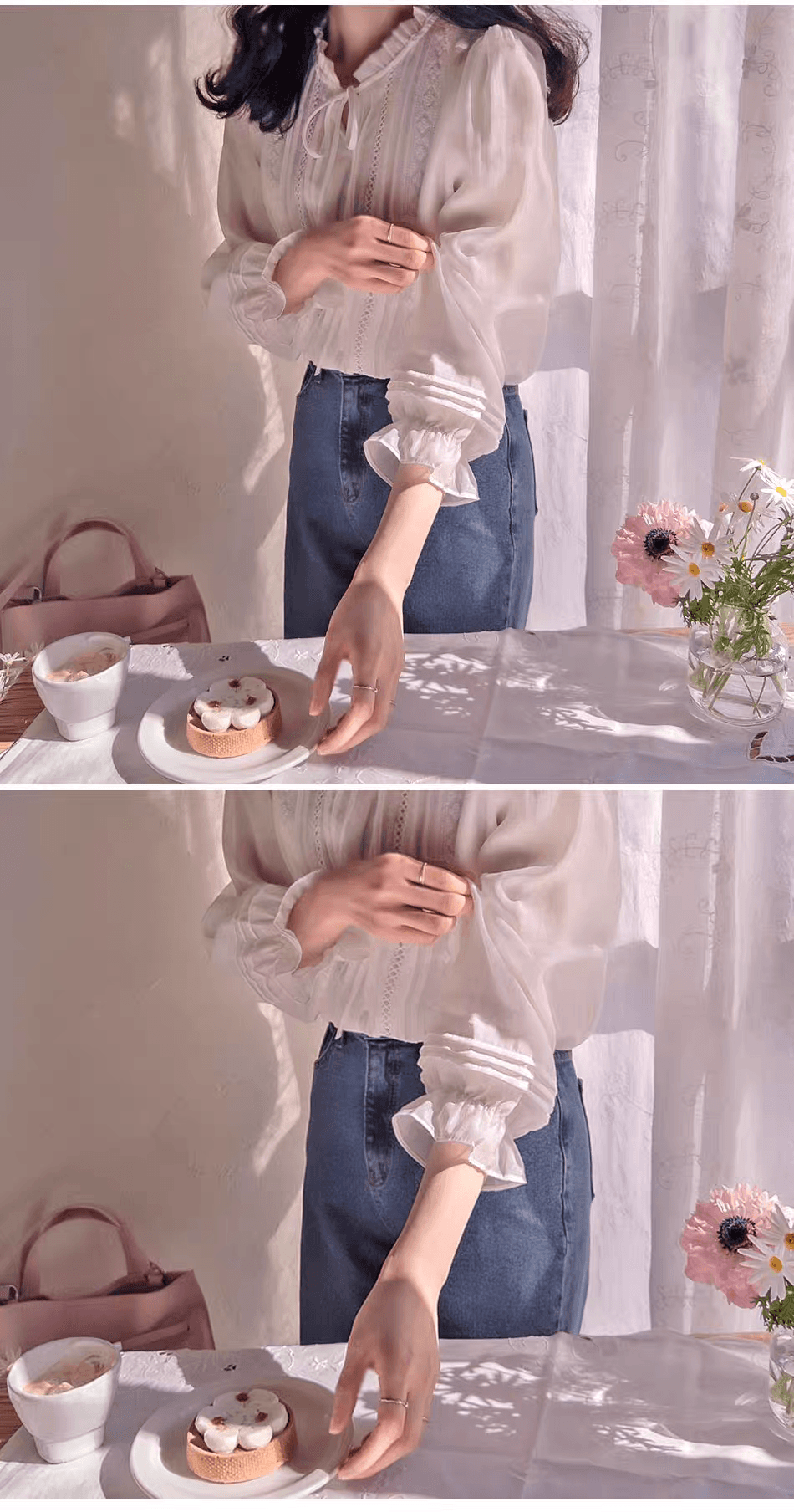 선물 화물 순수한 홀로우 아웃 꽃 Pleat 측면 레이스업 꽃밭 소매 셔츠 상세 이미지 10