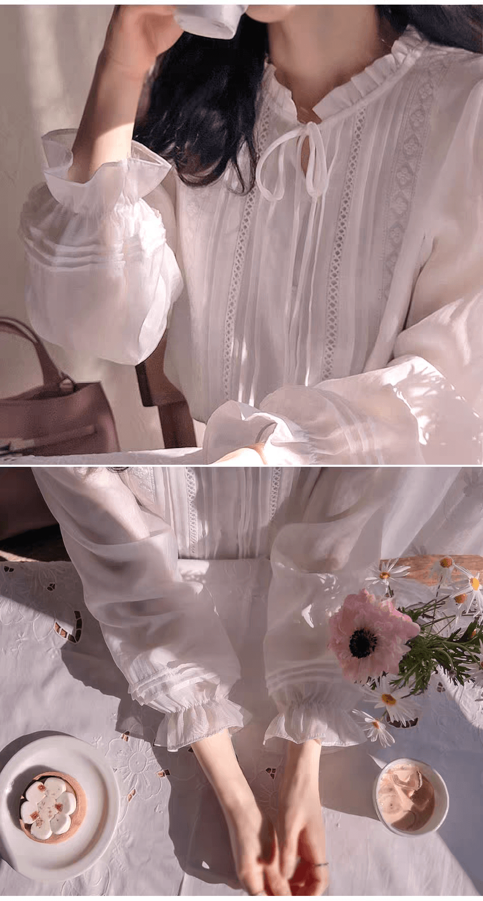 선물 화물 순수한 홀로우 아웃 꽃 Pleat 측면 레이스업 꽃밭 소매 셔츠 상세 이미지 11