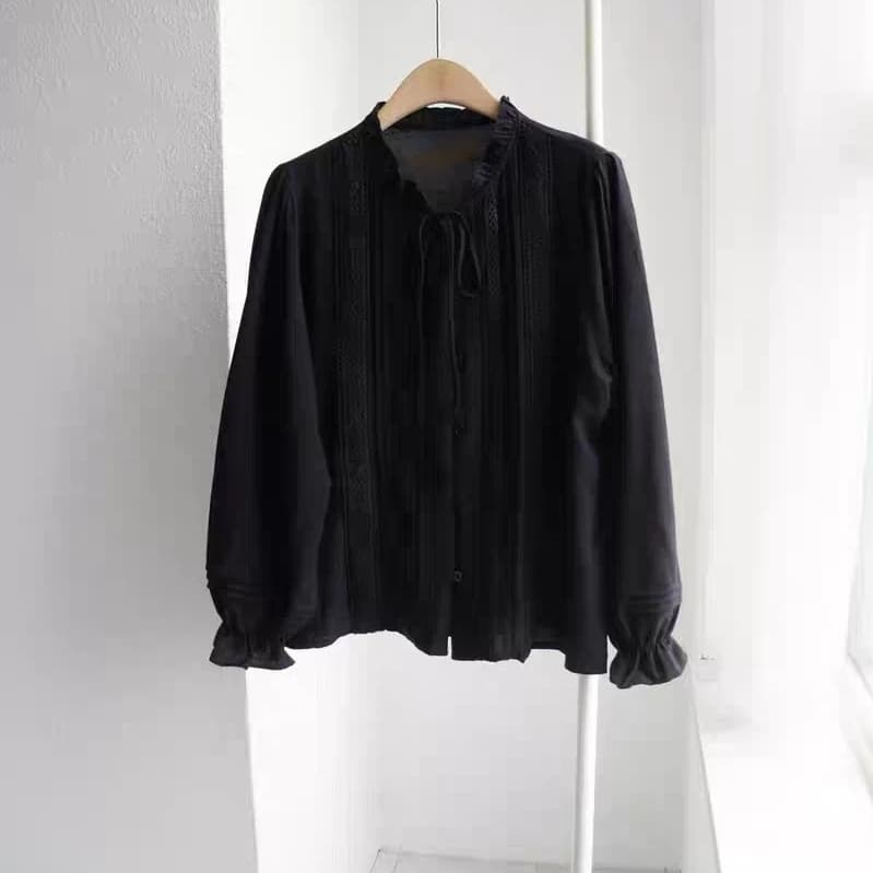 선물 화물 순수한 홀로우 아웃 꽃 Pleat 측면 레이스업 꽃밭 소매 셔츠 상세 이미지 16