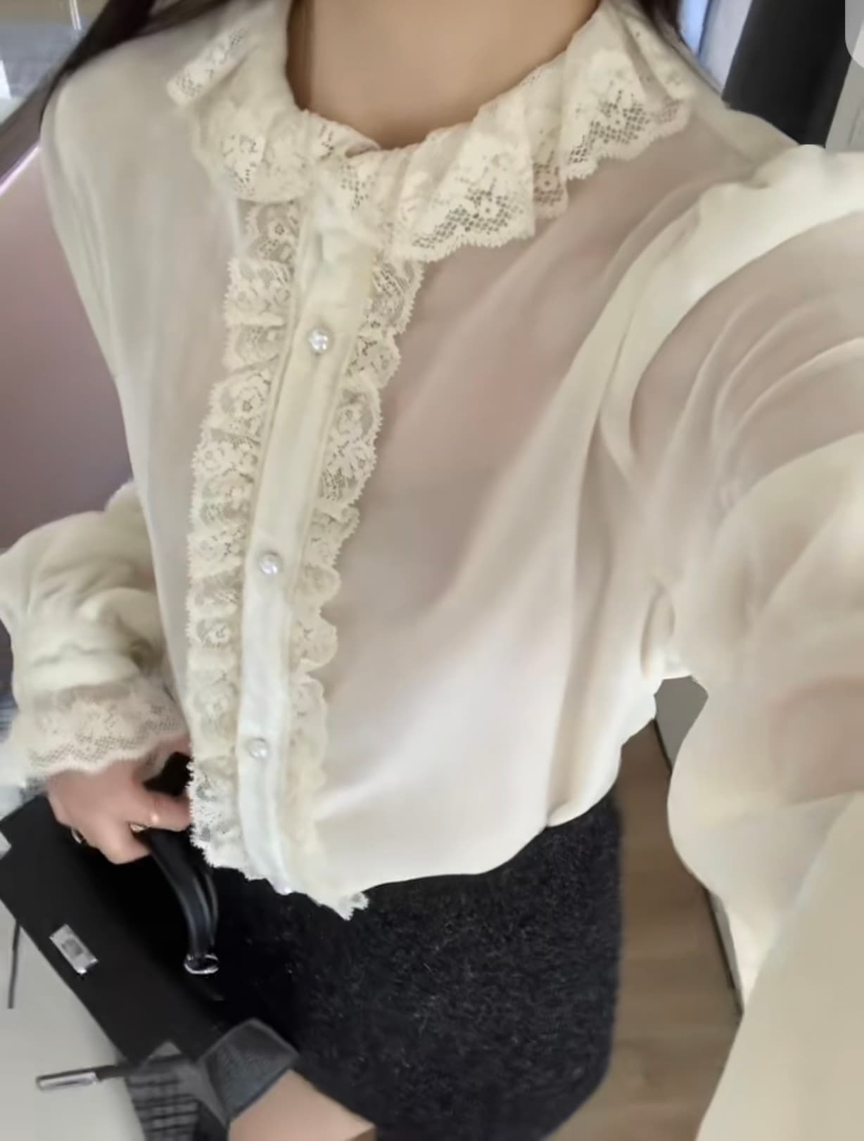 선물 화물 검정색 벨벳 레이스 긴팔 셔츠 맨위 한 부서 무거운 작업 레이스 칼라 상세 이미지 1