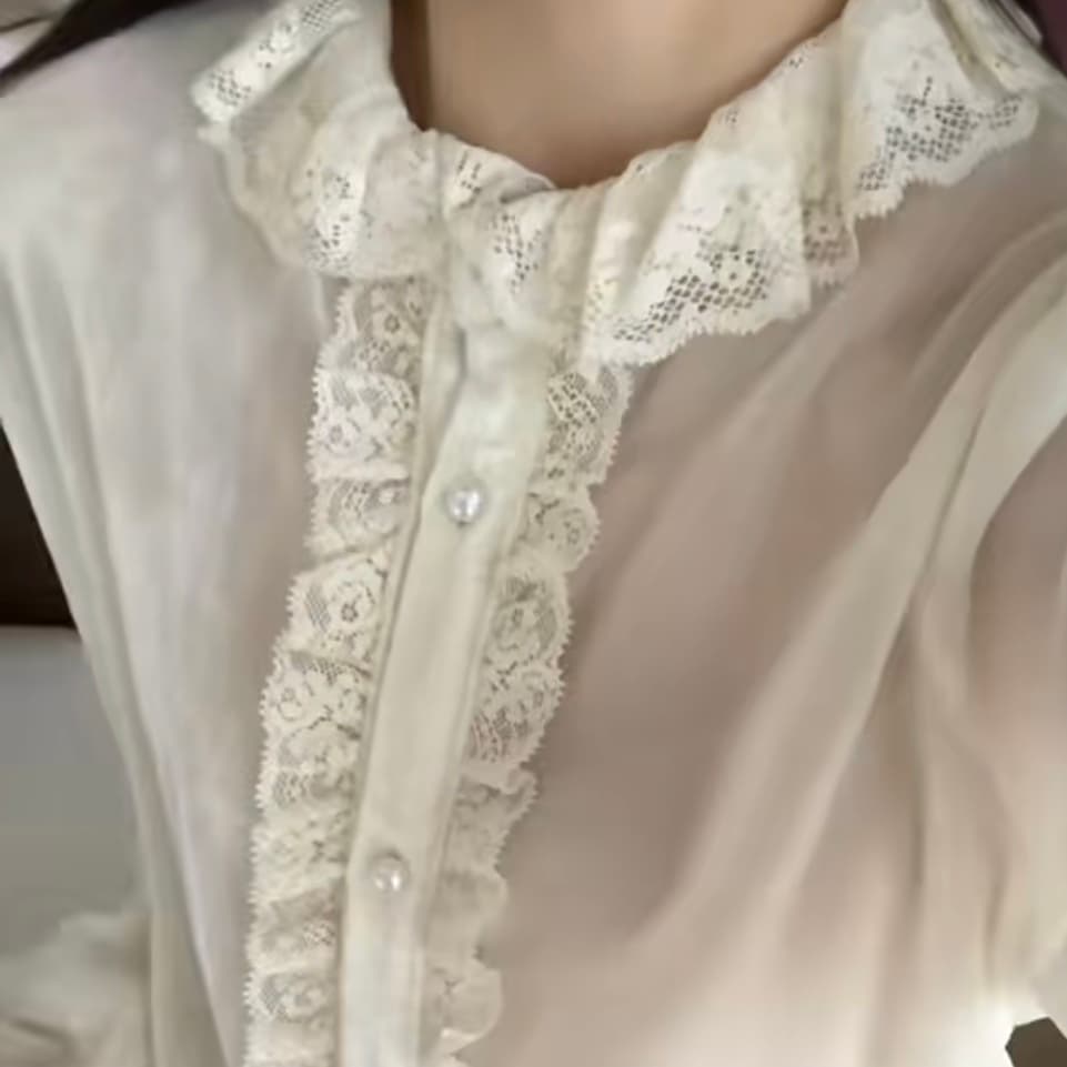 선물 화물 검정색 벨벳 레이스 긴팔 셔츠 맨위 한 부서 무거운 작업 레이스 칼라 상세 이미지 3
