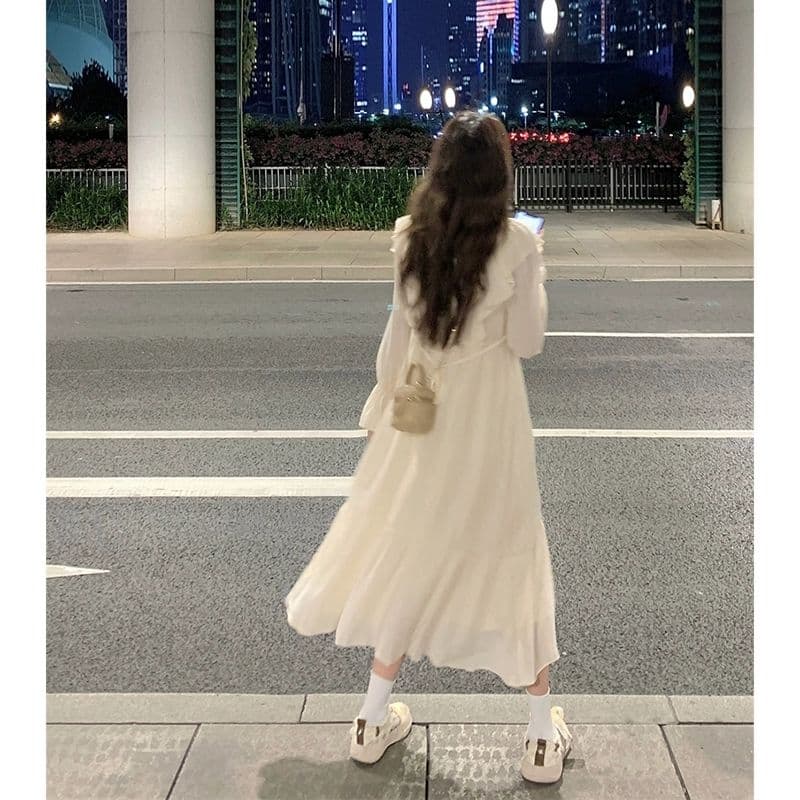 선물 화물 프랑스식 고급 센스 프릴 여성 드레스 가을 디자인 센스 하이웨이스트 슬림해 보이는 길다 치마 이미지 4