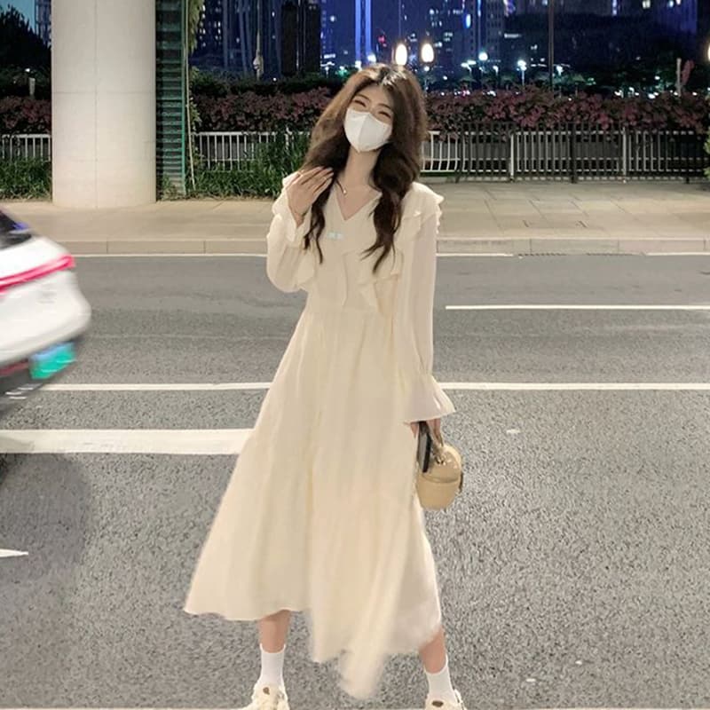 선물 화물 프랑스식 고급 센스 프릴 여성 드레스 가을 디자인 센스 하이웨이스트 슬림해 보이는 길다 치마 이미지 5