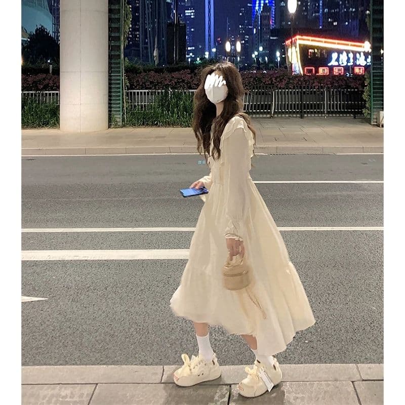 선물 화물 프랑스식 고급 센스 프릴 여성 드레스 가을 디자인 센스 하이웨이스트 슬림해 보이는 길다 치마 이미지 3