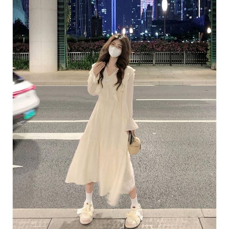 선물 화물 프랑스식 고급 센스 프릴 여성 드레스 가을 디자인 센스 하이웨이스트 슬림해 보이는 길다 치마