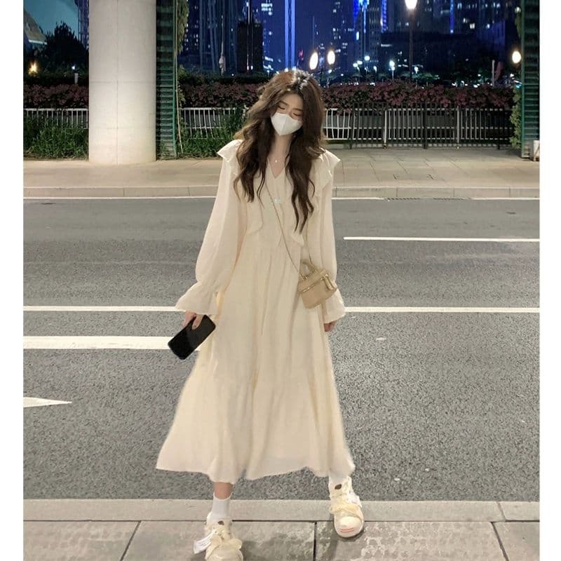 선물 화물 프랑스식 고급 센스 프릴 여성 드레스 가을 디자인 센스 하이웨이스트 슬림해 보이는 길다 치마 상세 이미지 1