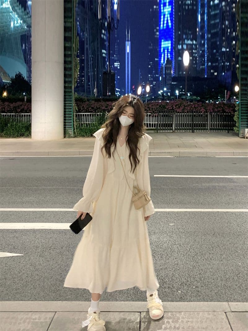 선물 화물 프랑스식 고급 센스 프릴 여성 드레스 가을 디자인 센스 하이웨이스트 슬림해 보이는 길다 치마 상세 이미지 4