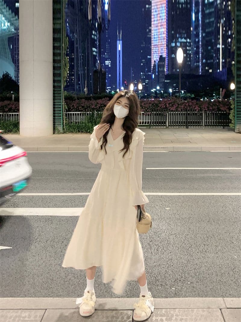 선물 화물 프랑스식 고급 센스 프릴 여성 드레스 가을 디자인 센스 하이웨이스트 슬림해 보이는 길다 치마 상세 이미지 6