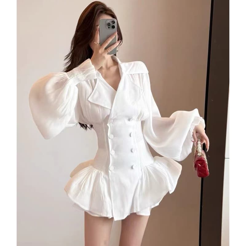 프랑스식 빛 럭셔리 낭만주의 레트로 긴팔 폴로 칼라 이중 버튼 정장 셔츠 드레스 디자인 센스 거품 소매 여성 드레스 이미지 2