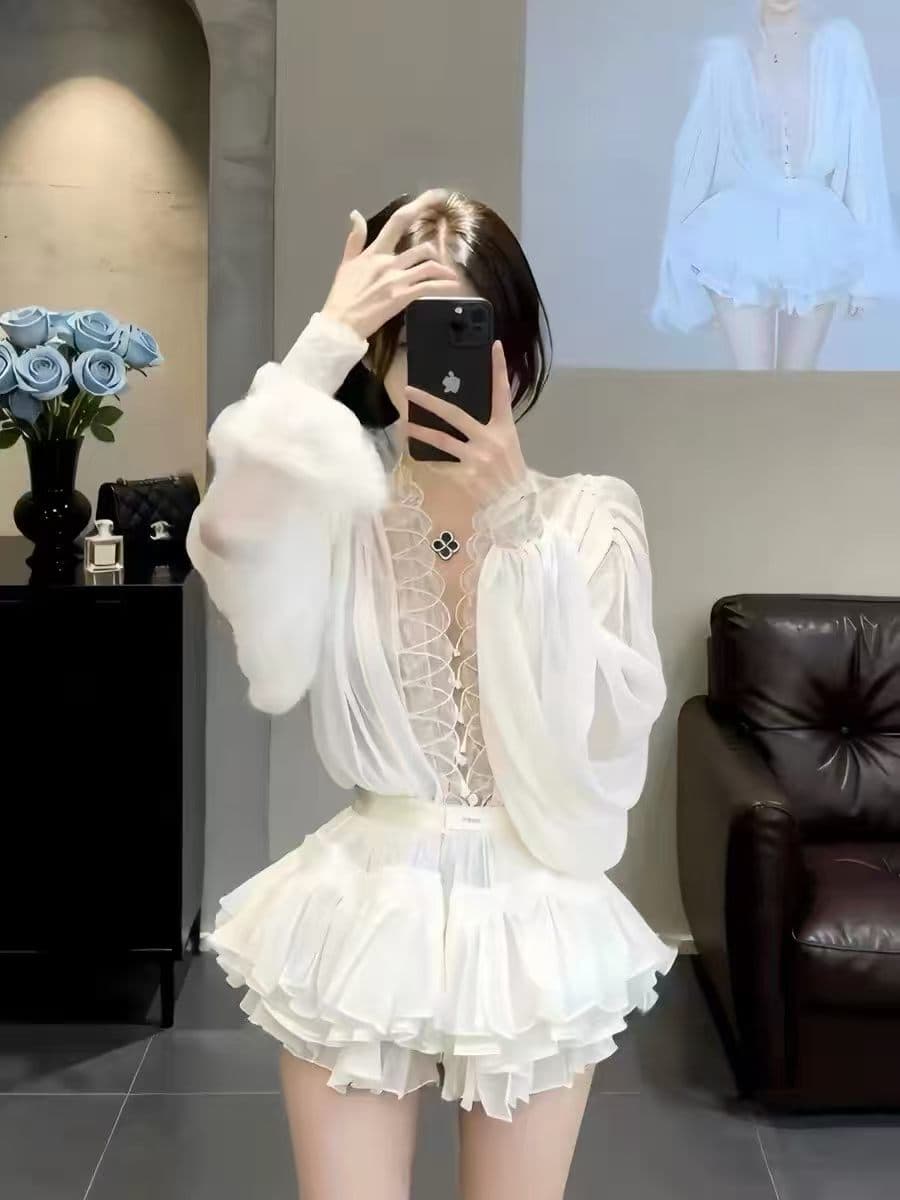 프랑스식 순수한 욕망 디자인 센스 레이스 조각 벌룬 소매 여성 셔츠 봄 달콤함 품격 퍼프 반신 치마 세트 상세 이미지 4