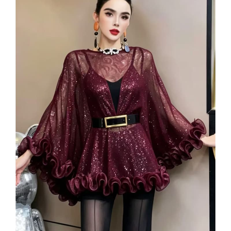 유럽 상품 디자인 센스 무거운 작업 프릴 시폰 셔츠 여성 블라우스 재킷 작은 대중 천 금빛 바람 다용도 외출용 어깨 이미지 3