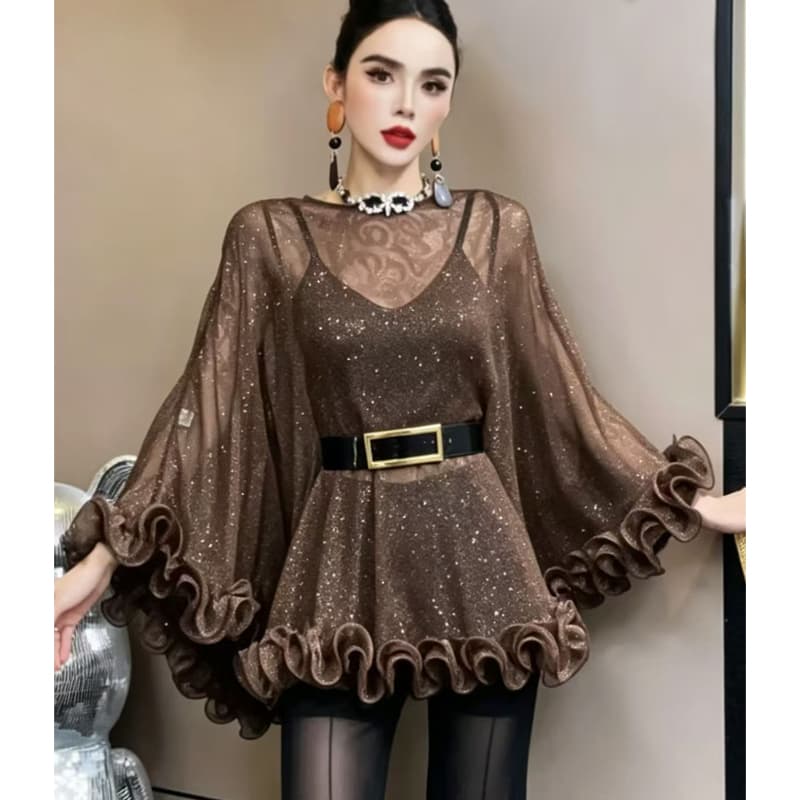 유럽 상품 디자인 센스 무거운 작업 프릴 시폰 셔츠 여성 블라우스 재킷 작은 대중 천 금빛 바람 다용도 외출용 어깨 이미지 4