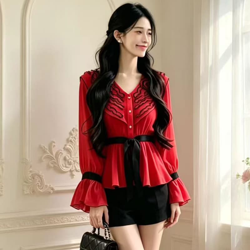 프랑스식 품격 나팔 소매 여성 셔츠 2026 가을 새로운 허리 수축 디자인 센스 품격 명문 여성 맨위 이미지 2
