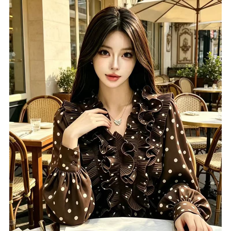 프릴 디자인 센스 도트 무늬 긴팔 여성 셔츠 가을 패션 품격 루즈핏 슬림해 보이는 쉬폰 톱 이미지 3