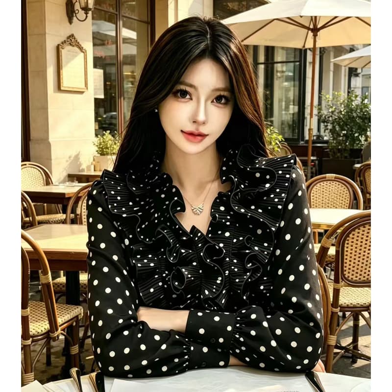 프릴 디자인 센스 도트 무늬 긴팔 여성 셔츠 가을 패션 품격 루즈핏 슬림해 보이는 쉬폰 톱 이미지 4