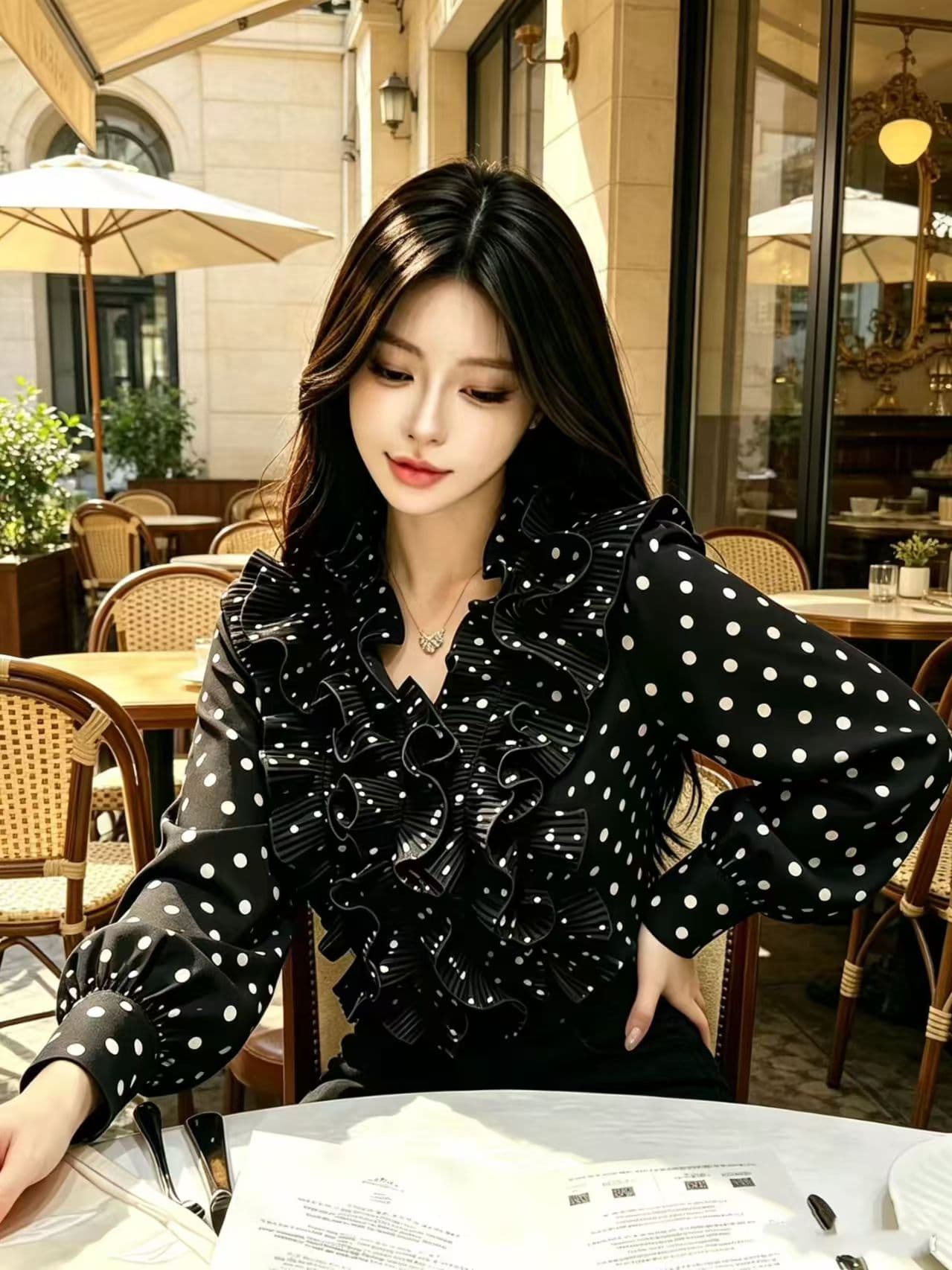 프릴 디자인 센스 도트 무늬 긴팔 여성 셔츠 가을 패션 품격 루즈핏 슬림해 보이는 쉬폰 톱 상세 이미지 2