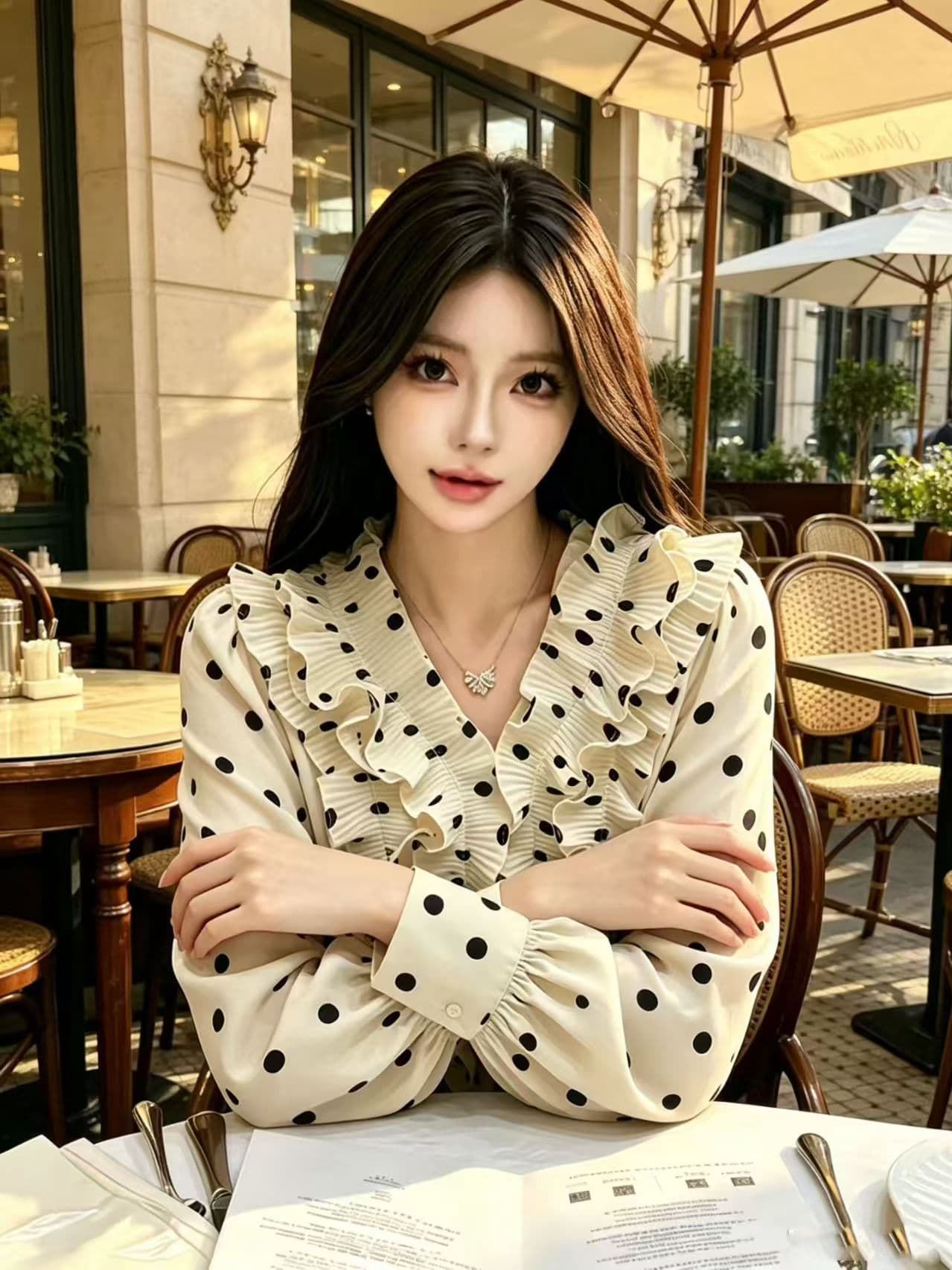 프릴 디자인 센스 도트 무늬 긴팔 여성 셔츠 가을 패션 품격 루즈핏 슬림해 보이는 쉬폰 톱 상세 이미지 4
