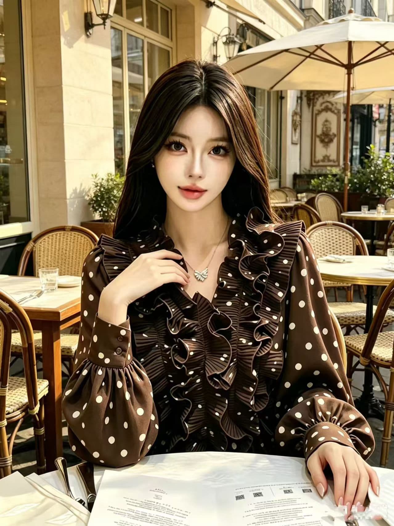 프릴 디자인 센스 도트 무늬 긴팔 여성 셔츠 가을 패션 품격 루즈핏 슬림해 보이는 쉬폰 톱 상세 이미지 8