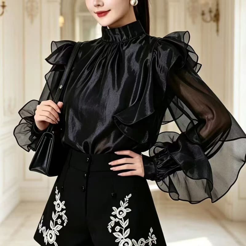 유럽 상품 디자인 센스 2026 이른 가을 새로운 프랑스식 우아함 프릴 품격 맨위 여성 이미지 2