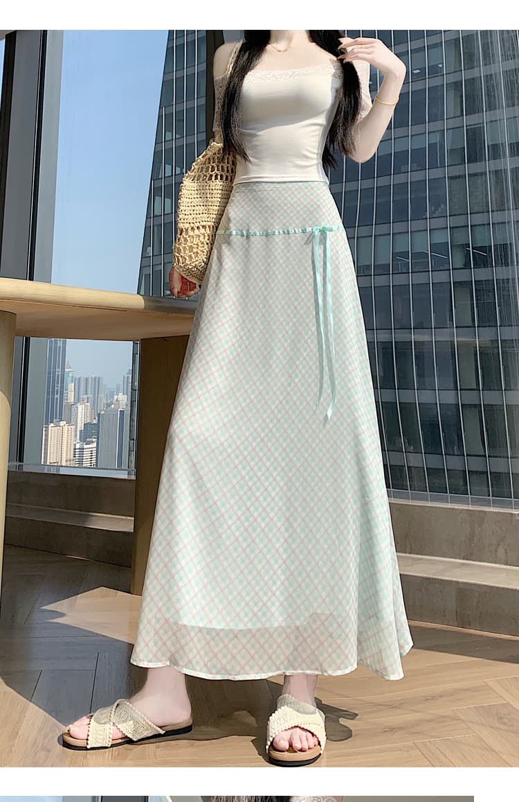 실사 신선함 부드러운 녹색 체크무늬 나비 매듭 반신 중간 스커트 여성 여름 프랑스식 문예 체크무늬 길다 치마 상세 이미지 12