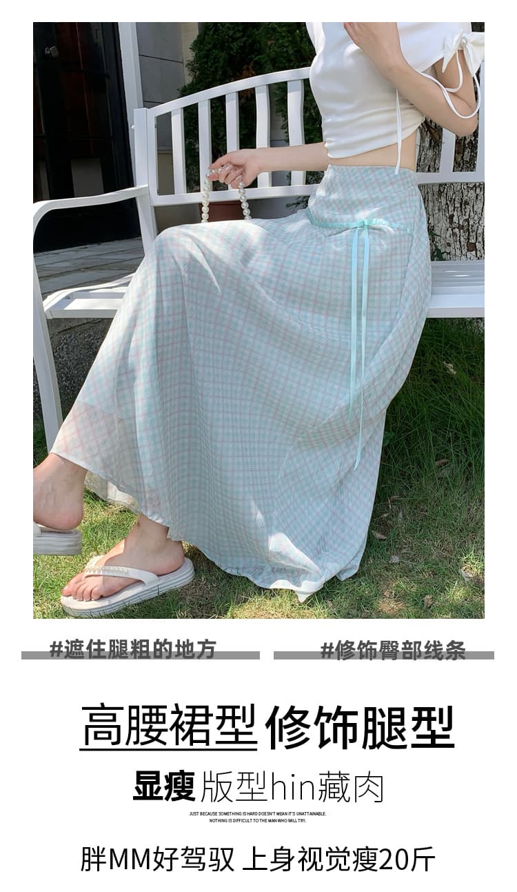 실사 신선함 부드러운 녹색 체크무늬 나비 매듭 반신 중간 스커트 여성 여름 프랑스식 문예 체크무늬 길다 치마 상세 이미지 3