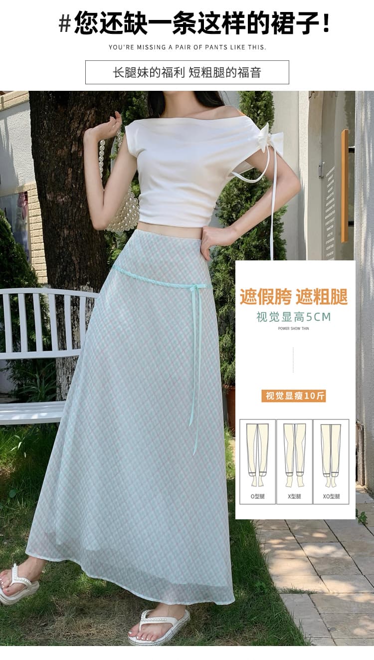 실사 신선함 부드러운 녹색 체크무늬 나비 매듭 반신 중간 스커트 여성 여름 프랑스식 문예 체크무늬 길다 치마 상세 이미지 5