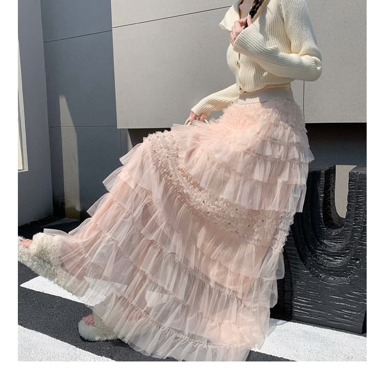 실사 한 부서 달콤함 무거운 작업 망사 치마 계층의 감각 케이크 밴딩 하이웨이스트 가을 겨울철 요정 가스 길다 반신 치마 상세 이미지 2