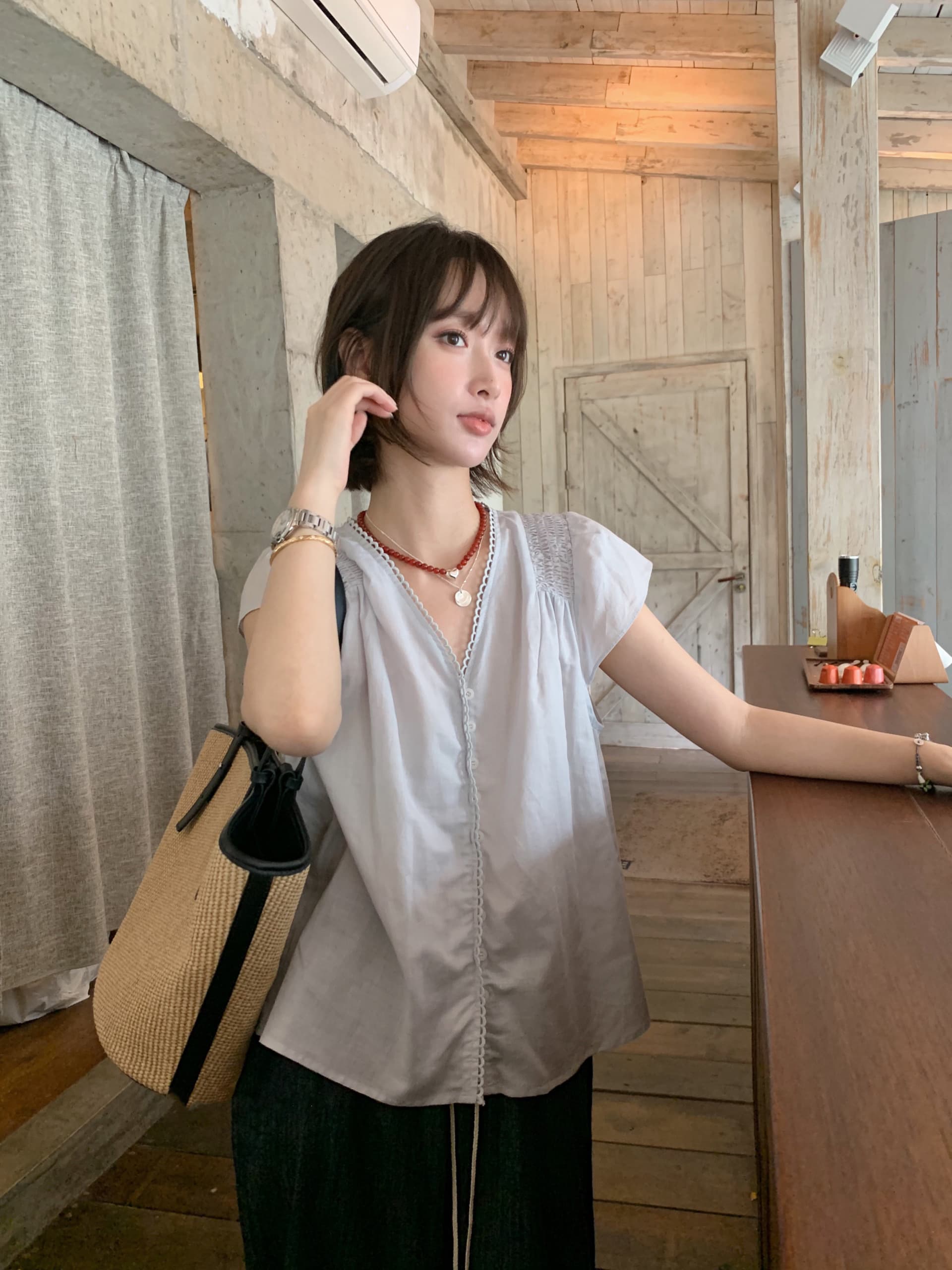 크기 있음 업데이트 한 부서 품격 싱글 줄 버튼 반팔 셔츠 루즈핏 다용도 여름 새로운 얇은 스타일 셔츠 상세 이미지 6