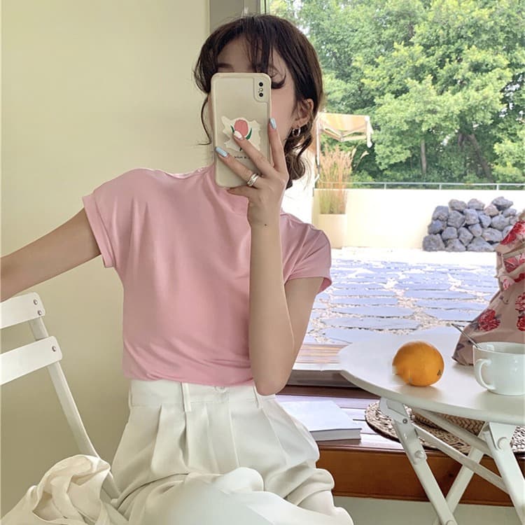 크기 있음 업데이트 ins 레트로 사탕 색상 다용도 스탠드 칼라 몸매 가꾸기 슬림해 보이는 반팔 티셔츠 이미지 2