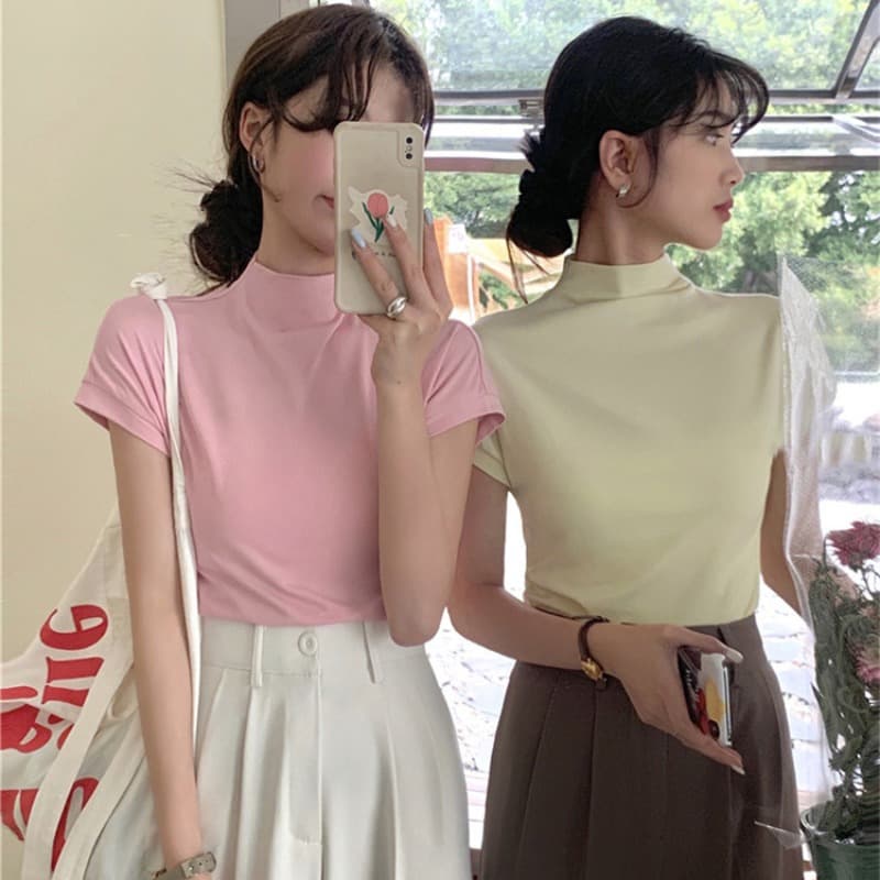 크기 있음 업데이트 ins 레트로 사탕 색상 다용도 스탠드 칼라 몸매 가꾸기 슬림해 보이는 반팔 티셔츠