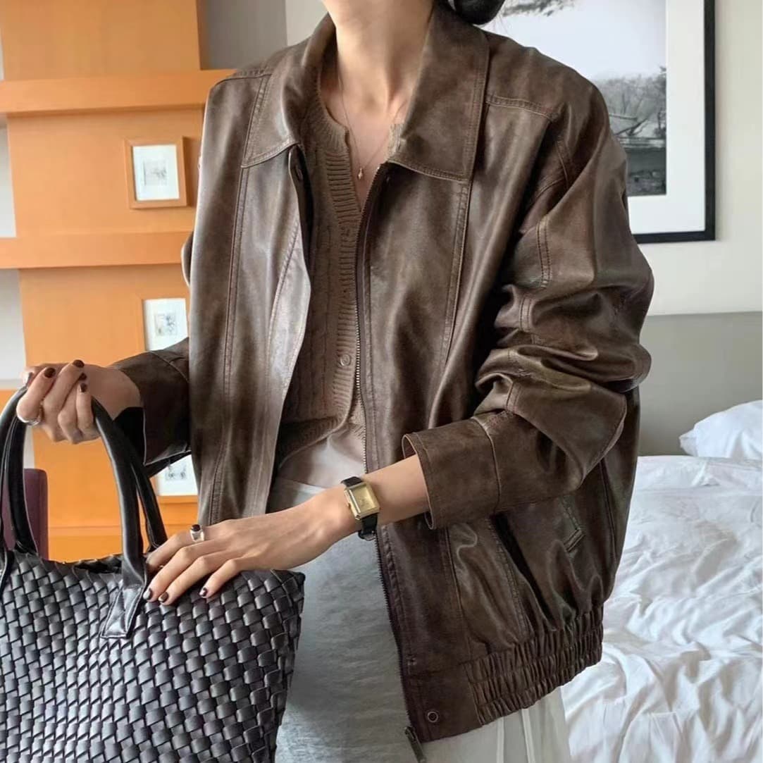 크기 있음 업데이트 프랑스식 잘 생긴 마 오래된 폴로 칼라 지퍼 루즈핏 다용도 BF 바람 오토바이 서비스 PU 가죽 외투 이미지 2