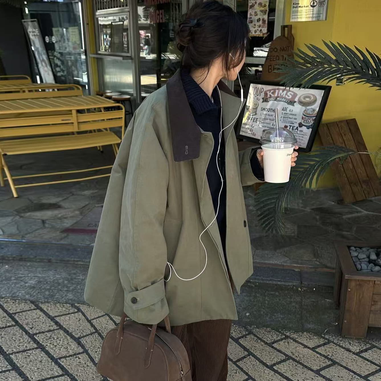 크기 있음 업데이트 한 부서 레트로 품격 루즈핏 배색 폴로 칼라 패치워크 지퍼 섹션 다용도 재킷 재킷