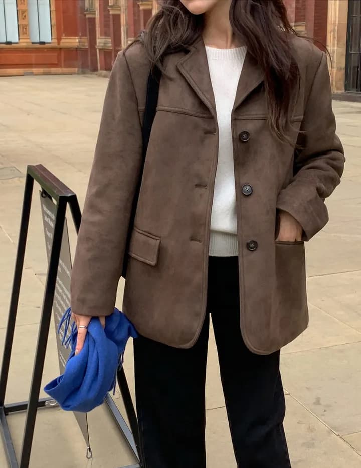 크기 있음 업데이트 프랑스식 레트로 가을 겨울 분위기 센스 스웨이드 원단 재킷 정장 칼라 털이 있는 네리 보온 재킷 상세 이미지 12