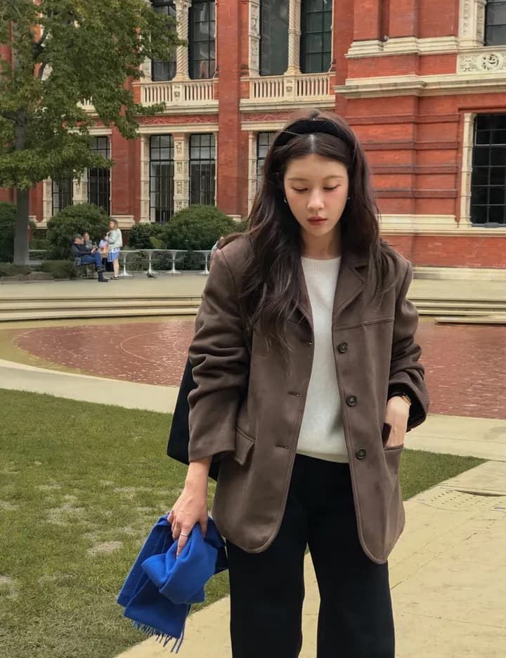 크기 있음 업데이트 프랑스식 레트로 가을 겨울 분위기 센스 스웨이드 원단 재킷 정장 칼라 털이 있는 네리 보온 재킷 상세 이미지 16