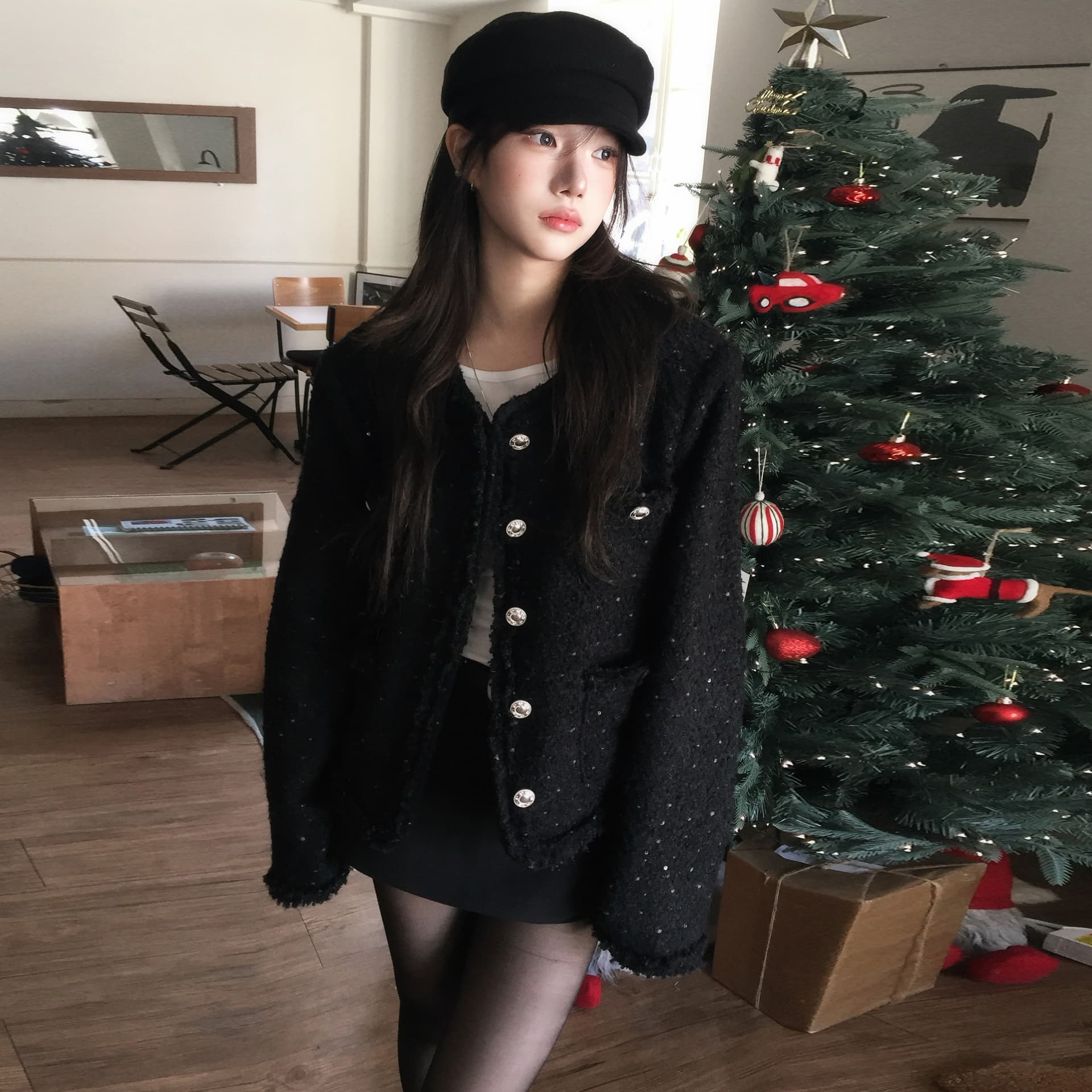 크기 있음 업데이트 한 부서 품격 우아함 작은 샤넬 스타일 미니멀리즘 라운드 넥 싱글 줄 버튼 보온 트위드 짧은 외투 이미지 5