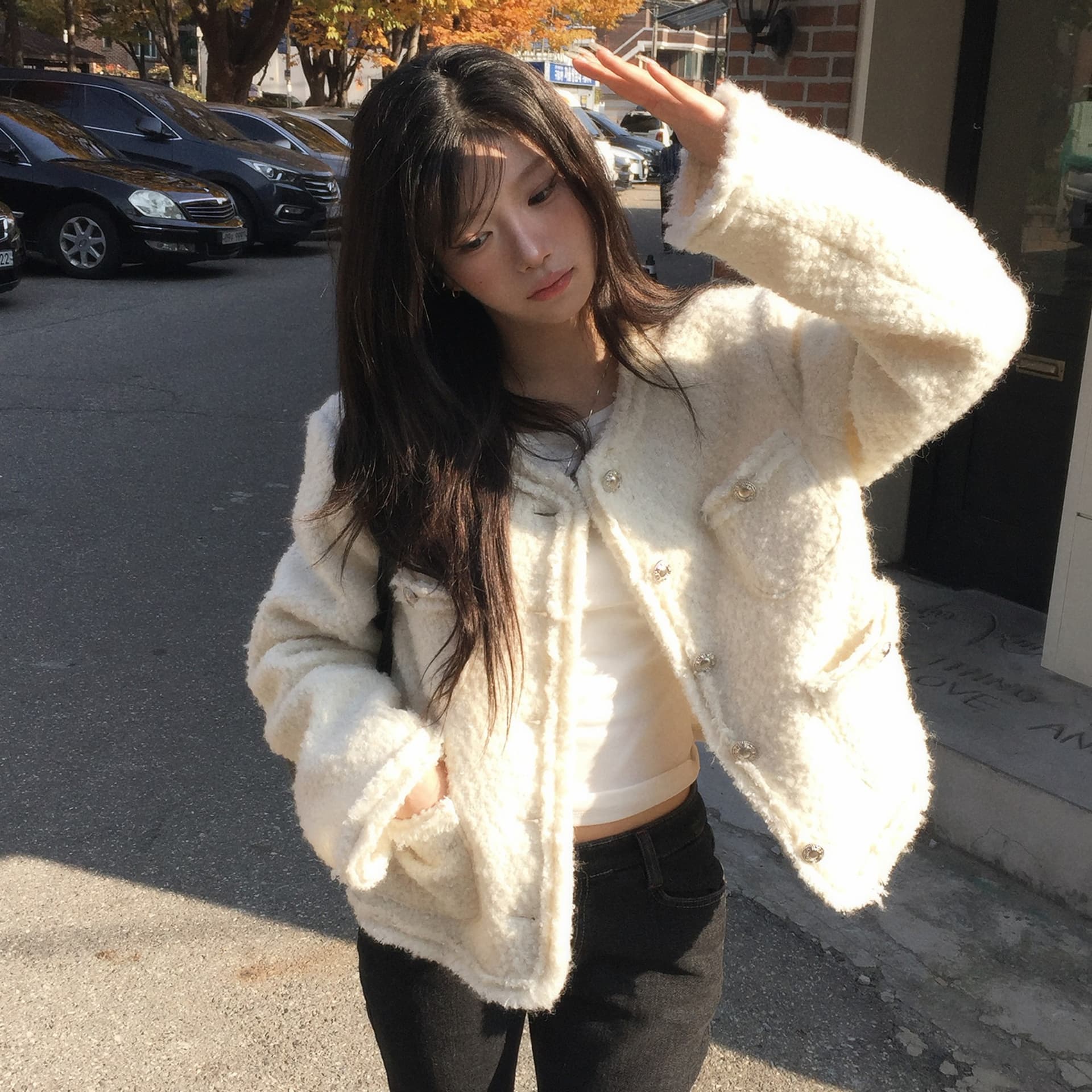 크기 있음 업데이트 한 부서 품격 우아함 작은 샤넬 스타일 미니멀리즘 라운드 넥 싱글 줄 버튼 보온 트위드 짧은 외투 이미지 3