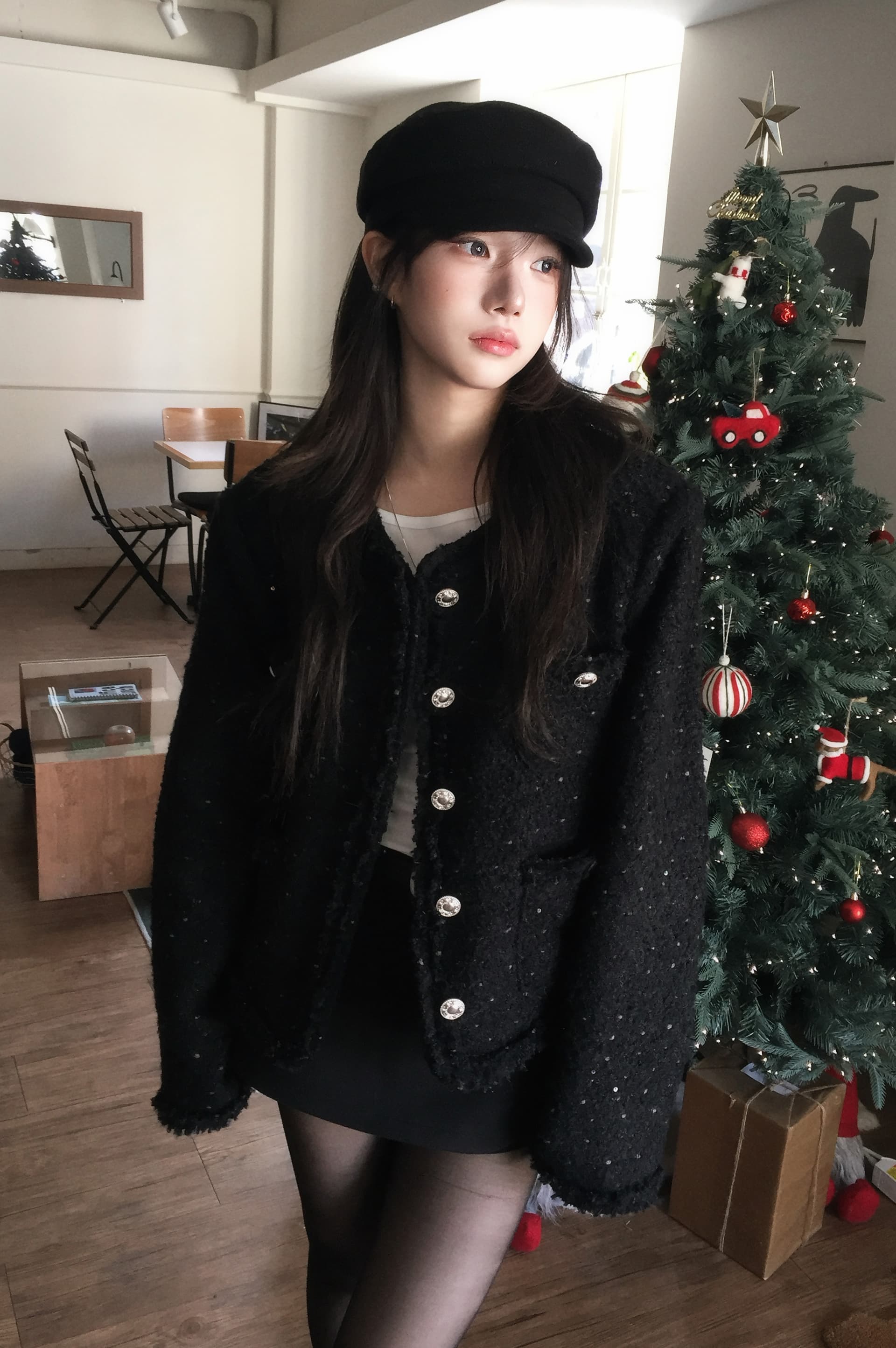 크기 있음 업데이트 한 부서 품격 우아함 작은 샤넬 스타일 미니멀리즘 라운드 넥 싱글 줄 버튼 보온 트위드 짧은 외투 상세 이미지 3