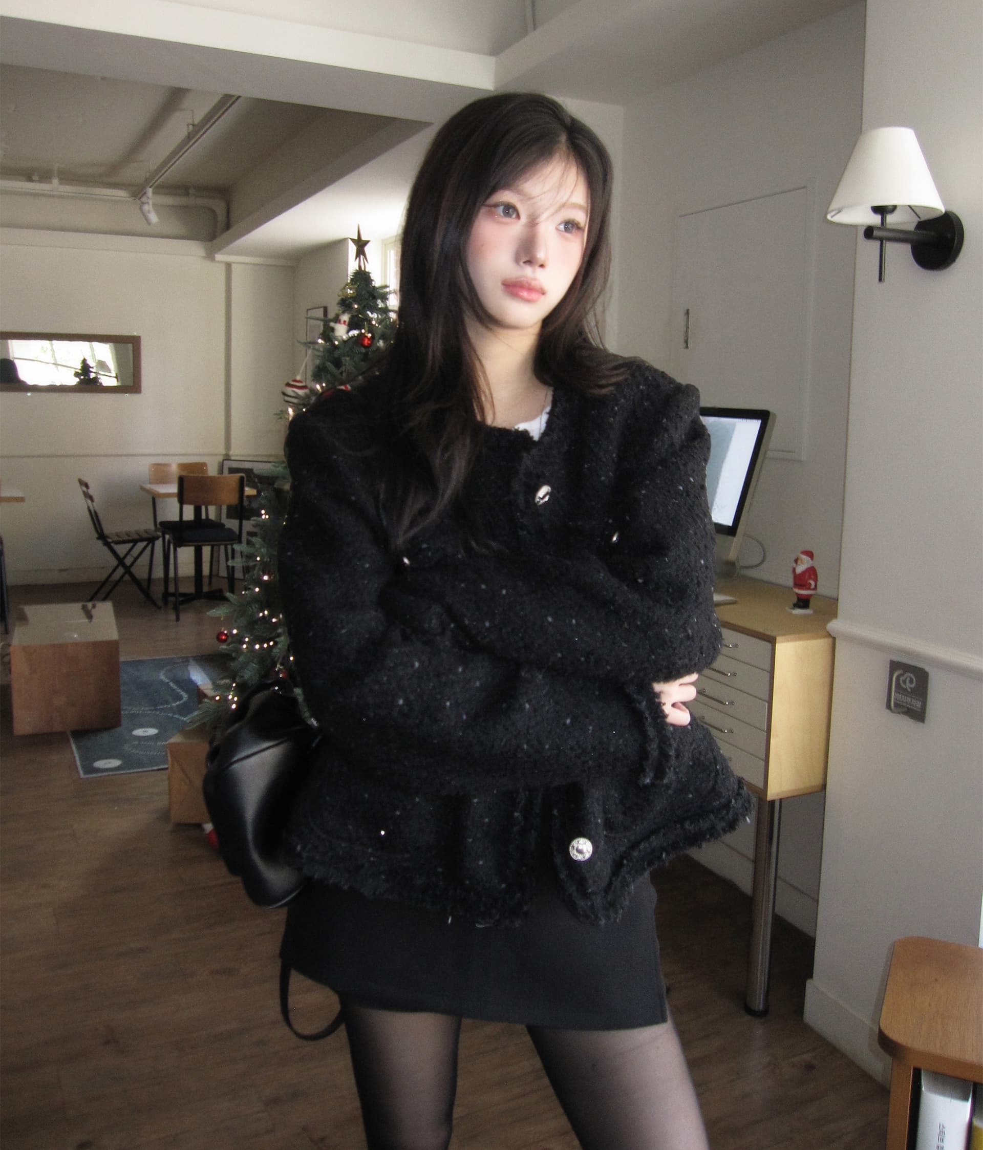 크기 있음 업데이트 한 부서 품격 우아함 작은 샤넬 스타일 미니멀리즘 라운드 넥 싱글 줄 버튼 보온 트위드 짧은 외투 상세 이미지 4