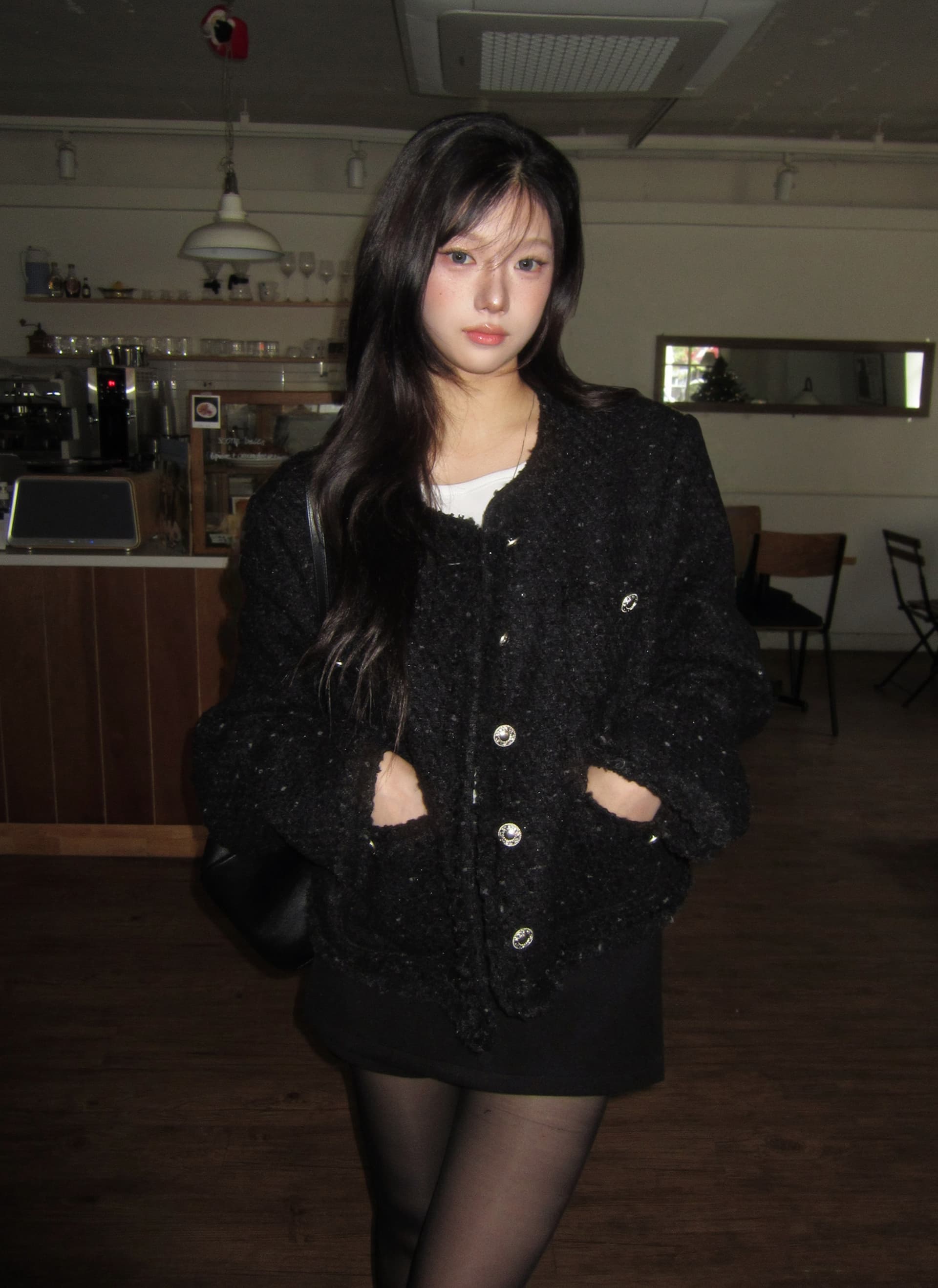 크기 있음 업데이트 한 부서 품격 우아함 작은 샤넬 스타일 미니멀리즘 라운드 넥 싱글 줄 버튼 보온 트위드 짧은 외투 상세 이미지 5