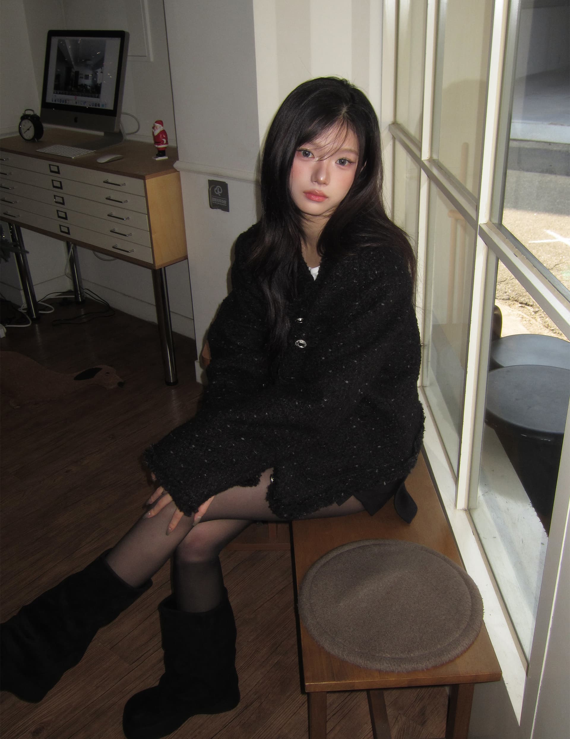 크기 있음 업데이트 한 부서 품격 우아함 작은 샤넬 스타일 미니멀리즘 라운드 넥 싱글 줄 버튼 보온 트위드 짧은 외투 상세 이미지 6