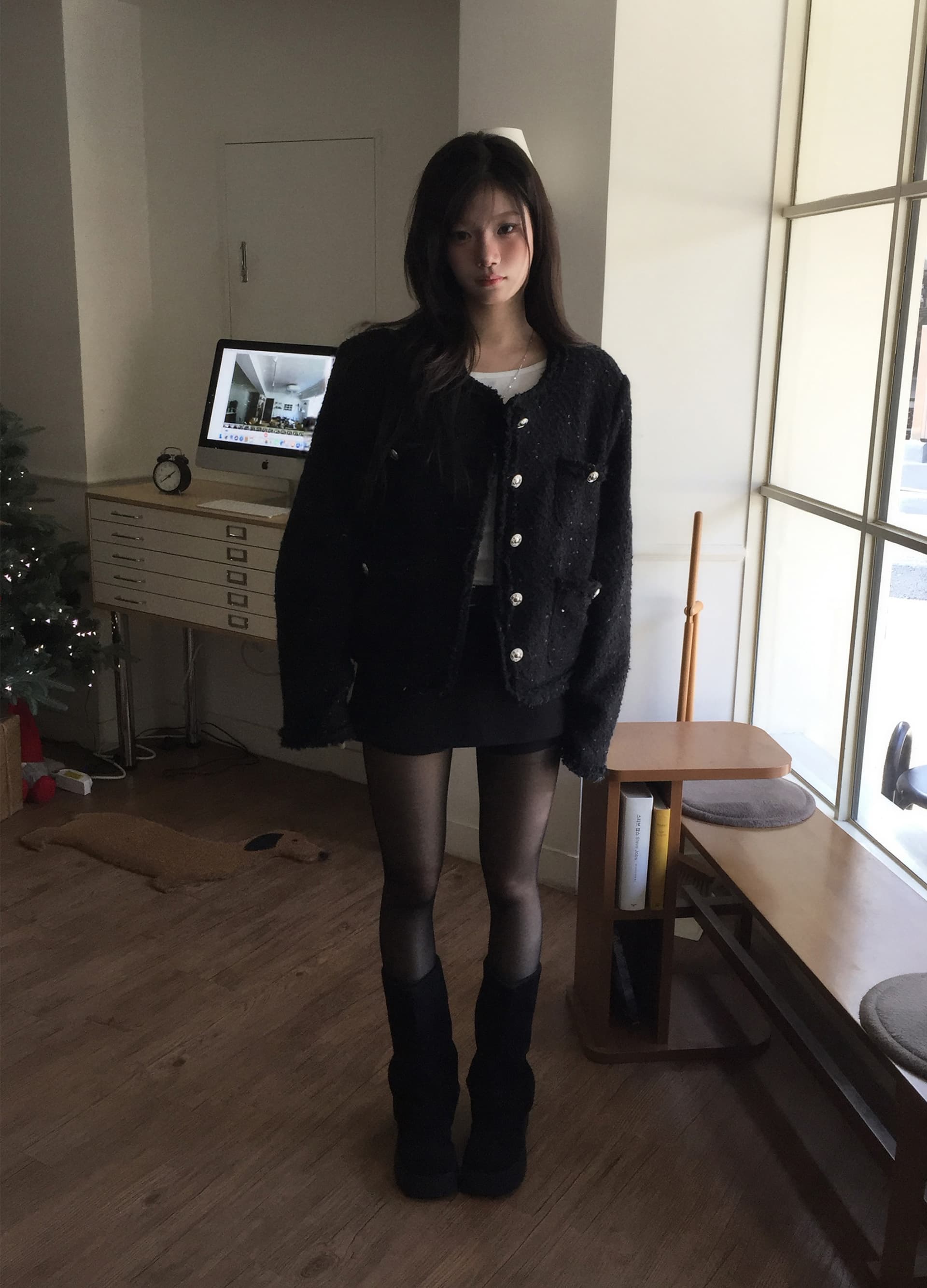 크기 있음 업데이트 한 부서 품격 우아함 작은 샤넬 스타일 미니멀리즘 라운드 넥 싱글 줄 버튼 보온 트위드 짧은 외투 상세 이미지 9
