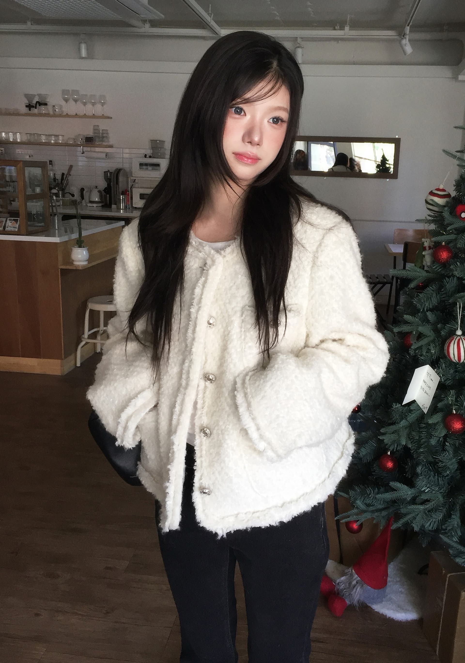 크기 있음 업데이트 한 부서 품격 우아함 작은 샤넬 스타일 미니멀리즘 라운드 넥 싱글 줄 버튼 보온 트위드 짧은 외투 상세 이미지 14
