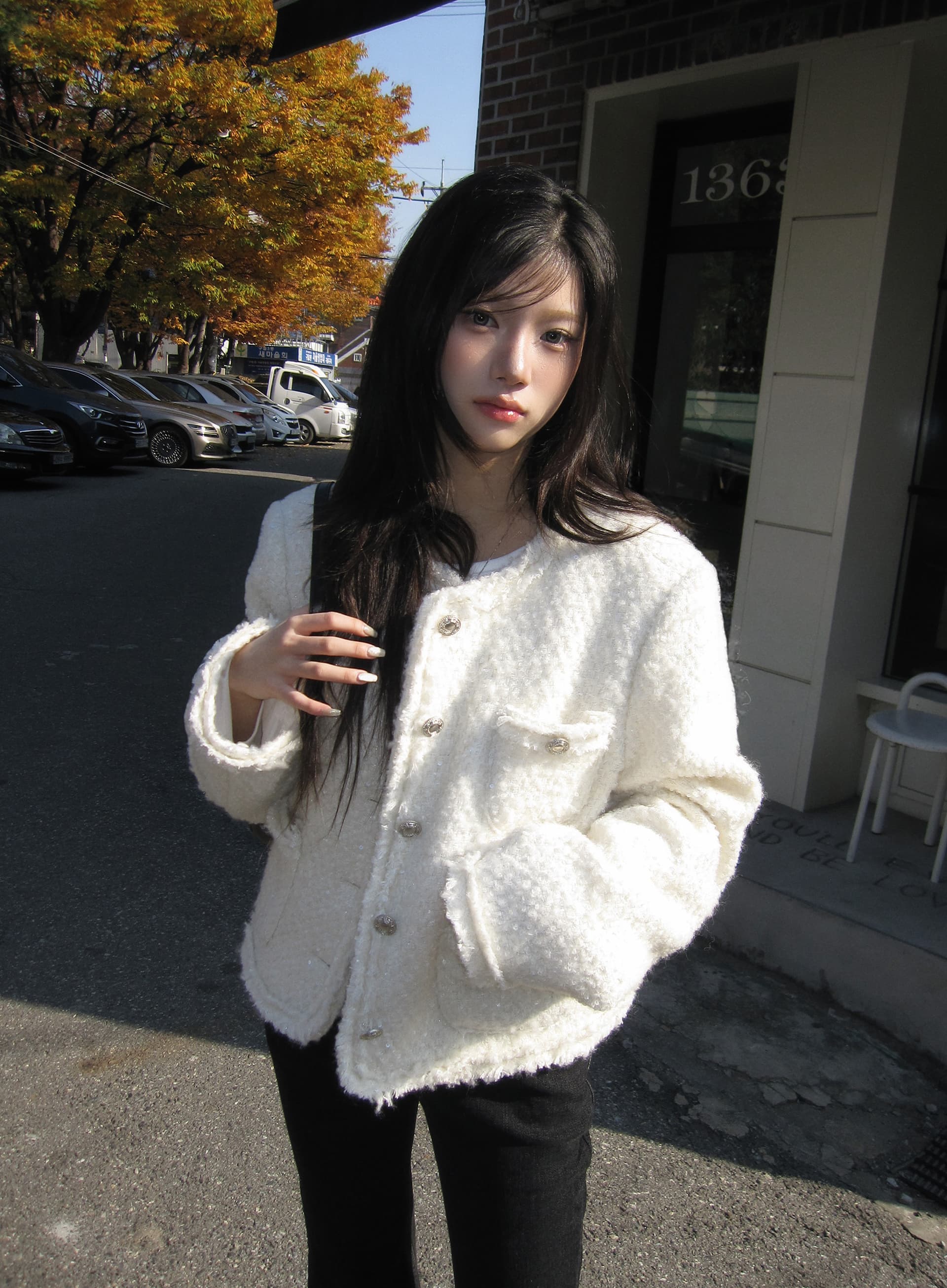 크기 있음 업데이트 한 부서 품격 우아함 작은 샤넬 스타일 미니멀리즘 라운드 넥 싱글 줄 버튼 보온 트위드 짧은 외투 상세 이미지 15