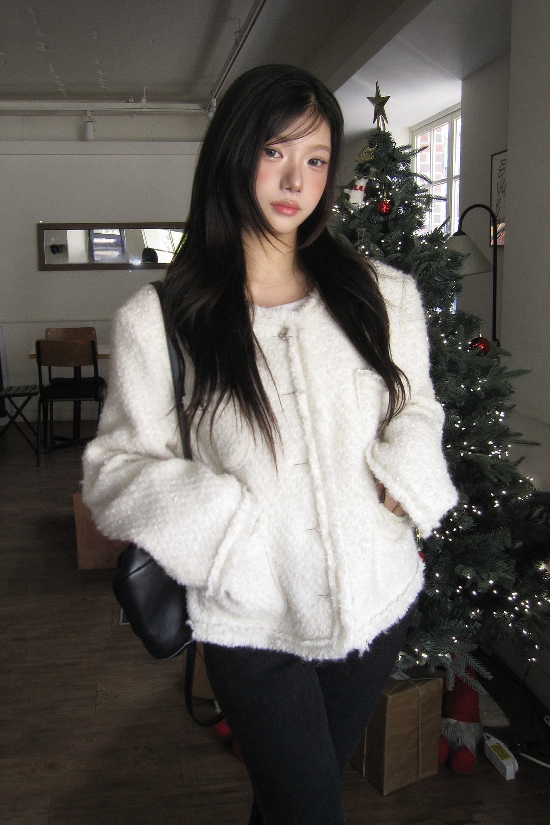 크기 있음 업데이트 한 부서 품격 우아함 작은 샤넬 스타일 미니멀리즘 라운드 넥 싱글 줄 버튼 보온 트위드 짧은 외투 상세 이미지 17
