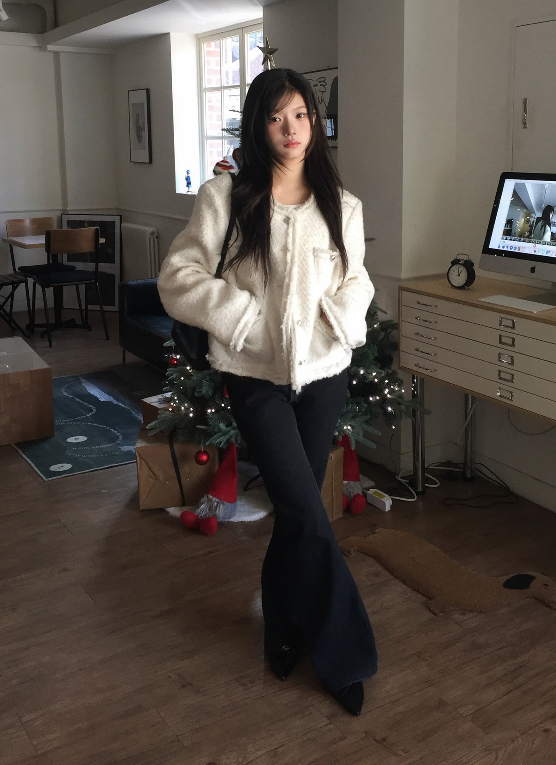 크기 있음 업데이트 한 부서 품격 우아함 작은 샤넬 스타일 미니멀리즘 라운드 넥 싱글 줄 버튼 보온 트위드 짧은 외투 상세 이미지 20