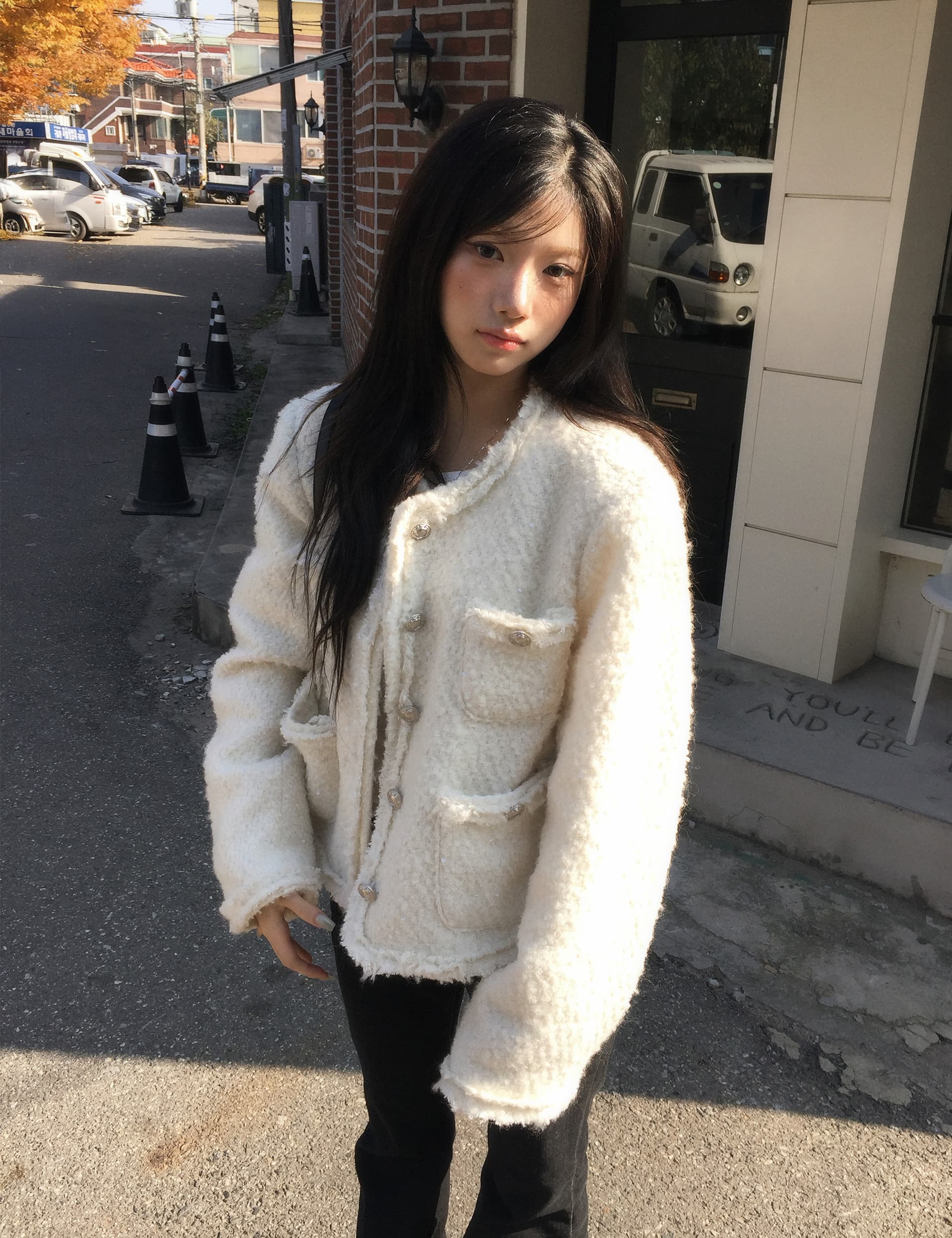 크기 있음 업데이트 한 부서 품격 우아함 작은 샤넬 스타일 미니멀리즘 라운드 넥 싱글 줄 버튼 보온 트위드 짧은 외투 상세 이미지 26