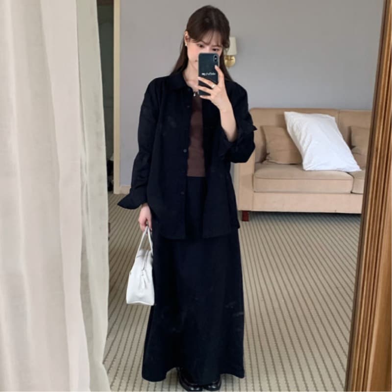 크기 있음 업데이트 한국 chic 플러스 두꺼운 스타일 미니멀리즘 출퇴근 다용도 단색 셔츠 반신 스커트 세트 이미지 5